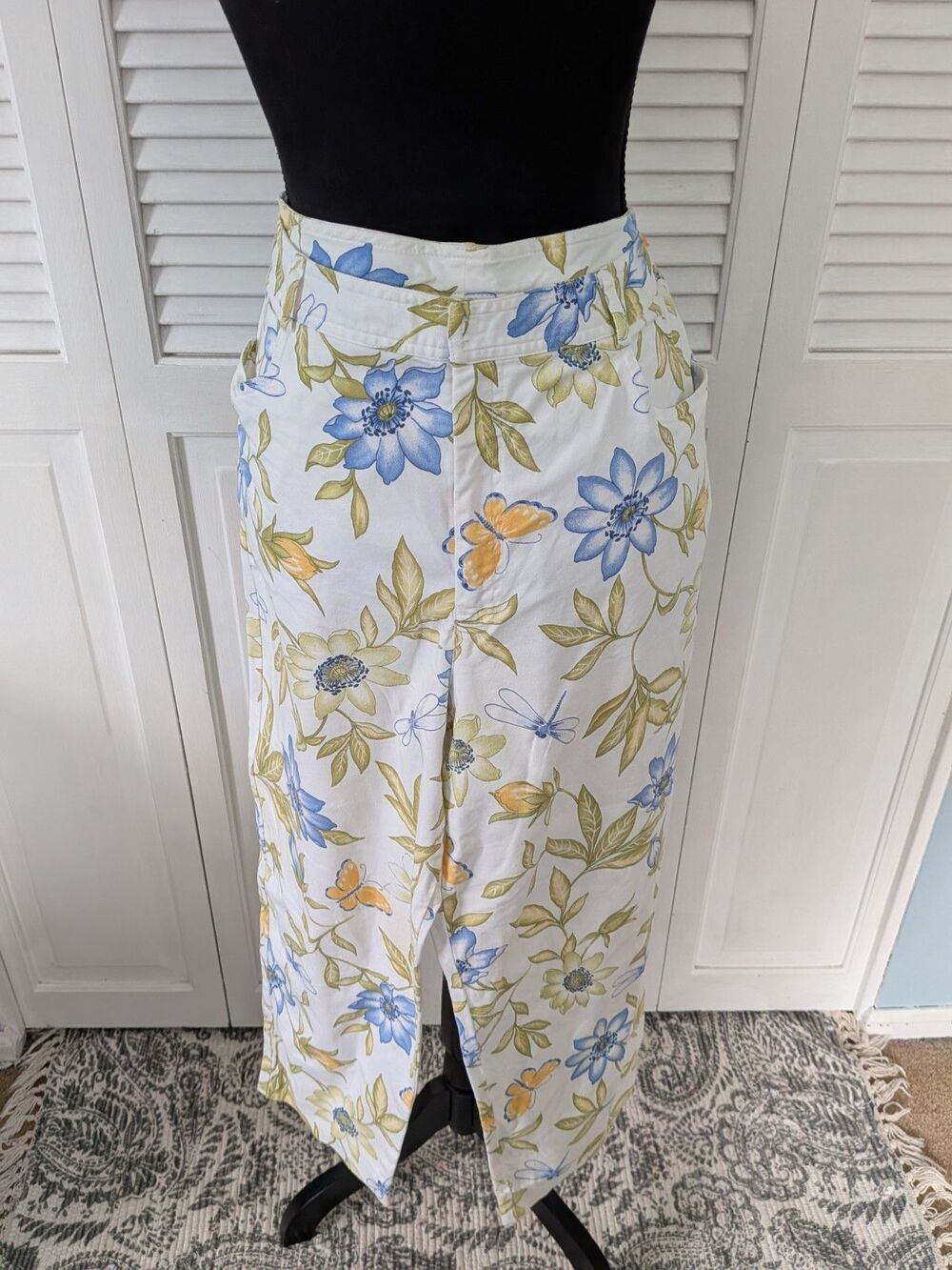 Talbots Pants Women 16 Stretch Denim BlueYellow Dragonfly Floral Cropped 90s Vtg